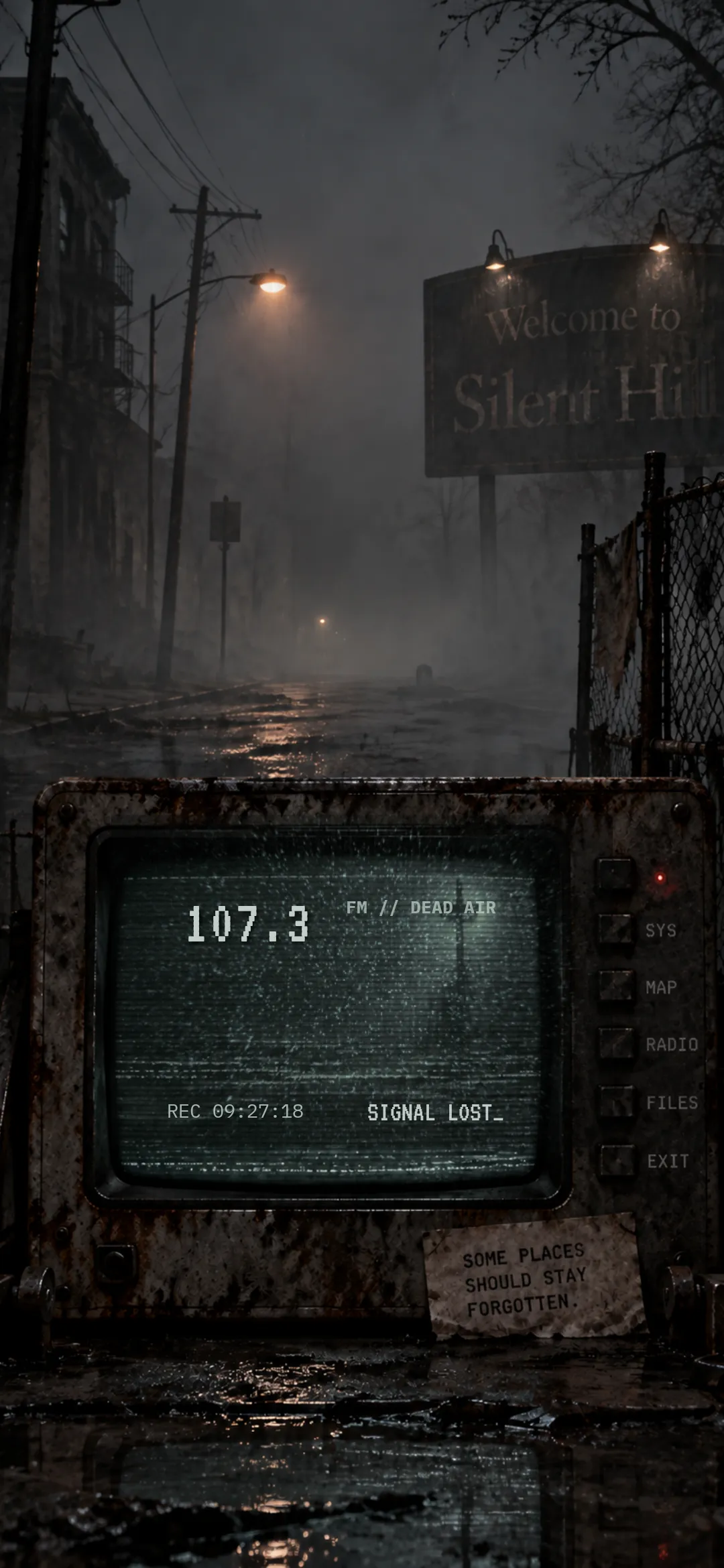 Foggy night street with a Welcome to Silent Hill sign, and a rusted television showing 107.3, FM // DEAD AIR, a recording clock, and SIGNAL LOST_.
