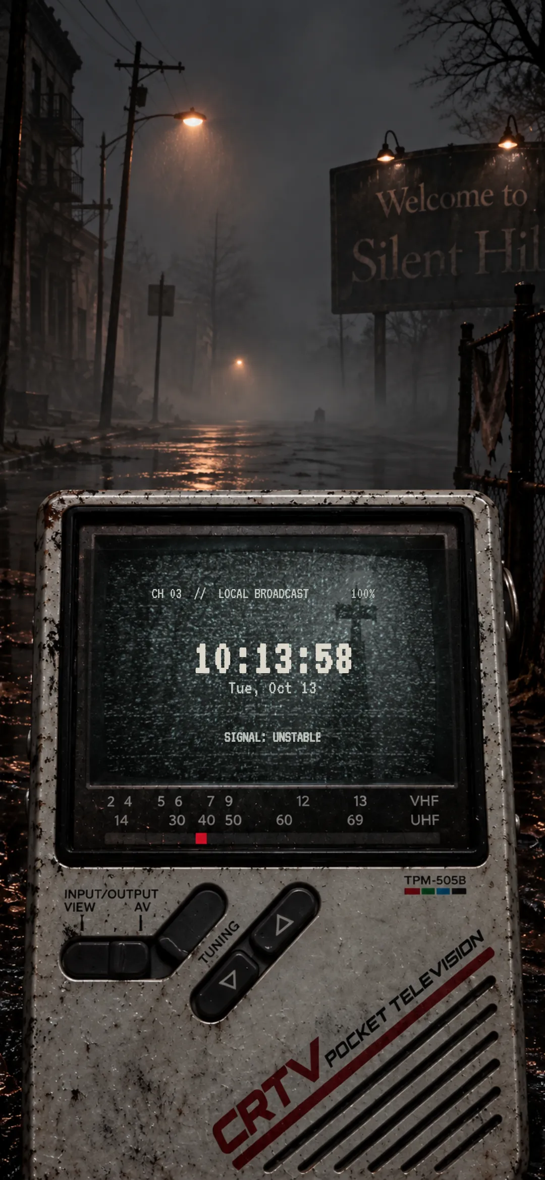 Foggy night street with a Welcome to Silent Hill sign, and a pocket television showing the channel, time with seconds, date, battery percent, and SIGNAL: UNSTABLE.