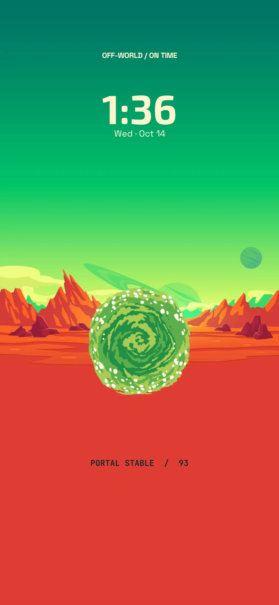 Alien landscape with a green sky and red ground, a swirling green portal over the horizon, OFF-WORLD / ON TIME at the top, a cream clock and date, and PORTAL STABLE with the battery percent on the ground.