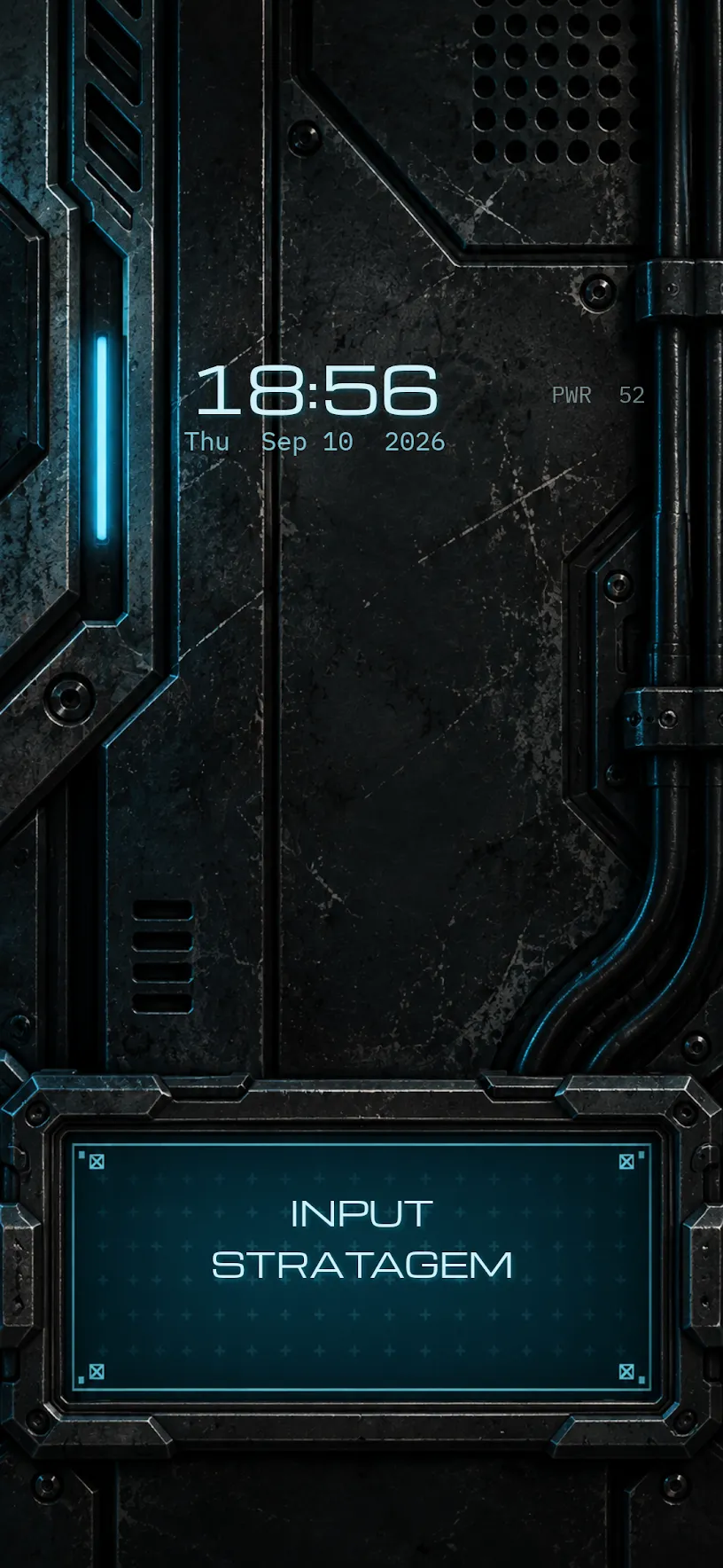 Dark metal panel with a cyan clock, date, and power readout, and a low gesture box reading INPUT and STRATAGEM.