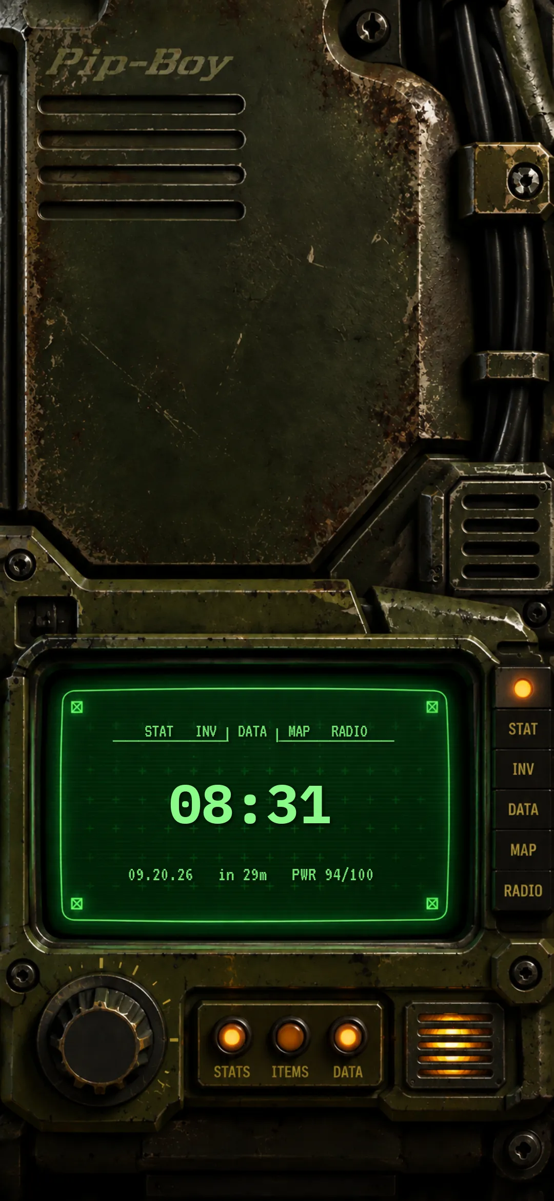 Home screen on a Pip-Boy wallpaper, with a green gesture box showing the time, date, and power status.