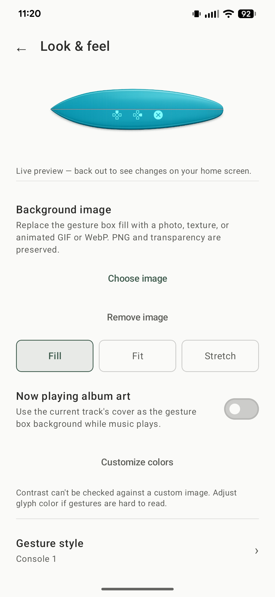 Customized gesture box with personalized colors and background on the home screen
